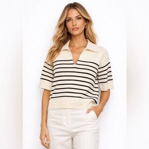 ARKET Collared Cotton Jumper Off-White Black Stripe Knit Sweater